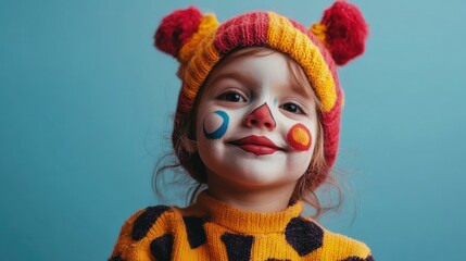 Happy Halloween Child with Colorful Face Paint in Bright Beanie Against Blue Background