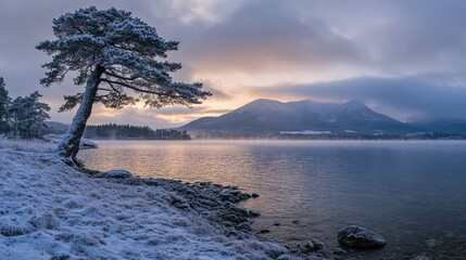 Winter lake landscape at sunset with frosted pine tree and foggy mountains under cold cloudy skies