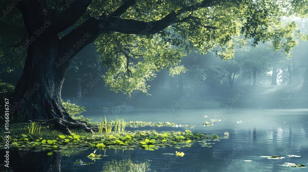 Poster serene reflection of a majestic tree in tranquil lake water amidst a misty wildlife sanctuary settin
