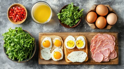 Ham and Cheese Sandwich Ingredients with Eggs Salad Tomatoes and Greens in Flat Lay Arrangement