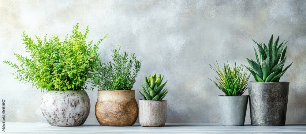 Poster home plants in rustic pots with a light grey grunge background enhancing a serene and inviting indoo