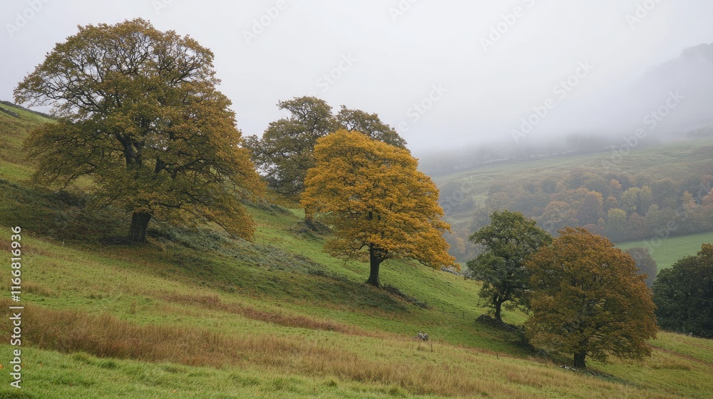 Poster autumnal hillside landscape showcasing vibrant trees amidst misty atmosphere and rolling green field