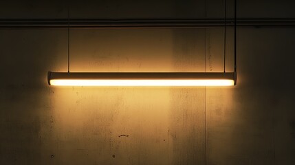 Minimalist hanging fluorescent lamp illuminating a concrete wall in a dimly lit environment showcasing modern industrial design elements.
