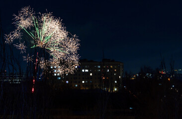 Naklejka premium Festive fireworks display. Fireworks on New Year's Eve. Citizens, residents of Bishkek, the capital of Kyrgyzstan, celebrate the new year in the southern district of the city.