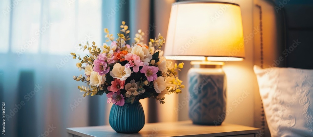 Poster cozy bedroom scene with vibrant artificial flower bouquet and stylish table lamp on nightstand creat