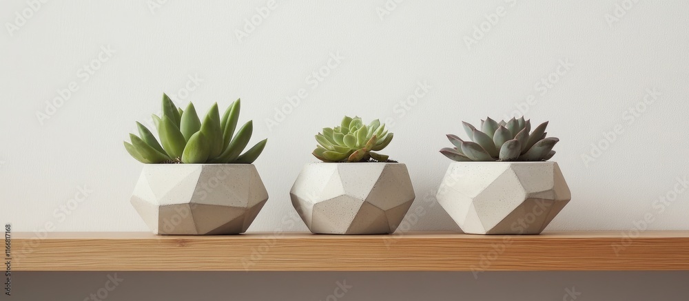 Poster Minimalist decor showcasing green succulent plants in geometric concrete pots on a wooden shelf with a clean white background