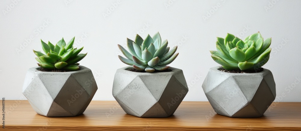 Poster minimalist display of green succulent plants in geometric concrete pots on a wooden shelf with a cle