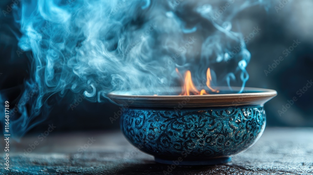 Poster elegant incense pot with swirling smoke and soft flames creating a serene and tranquil atmosphere fo