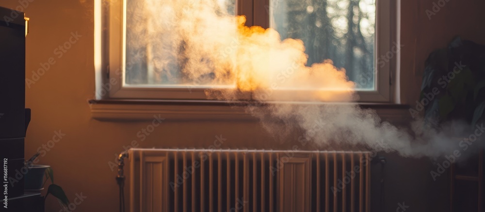 Poster warm steam rising from a vintage heating radiator in a cozy room creating a comforting and inviting 