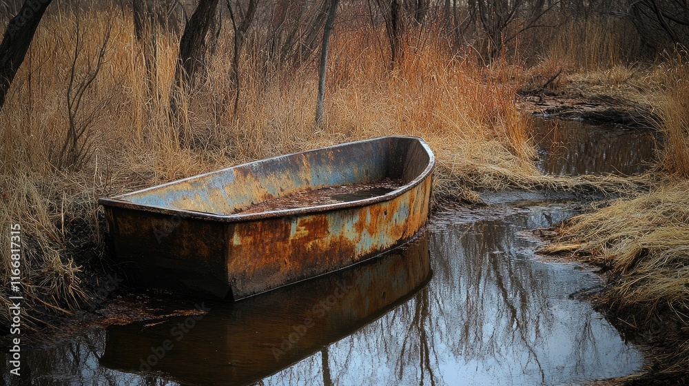 Aufkleber rusty boat in a tranquil creek surrounded by tall grasses and trees reflecting in the water creating