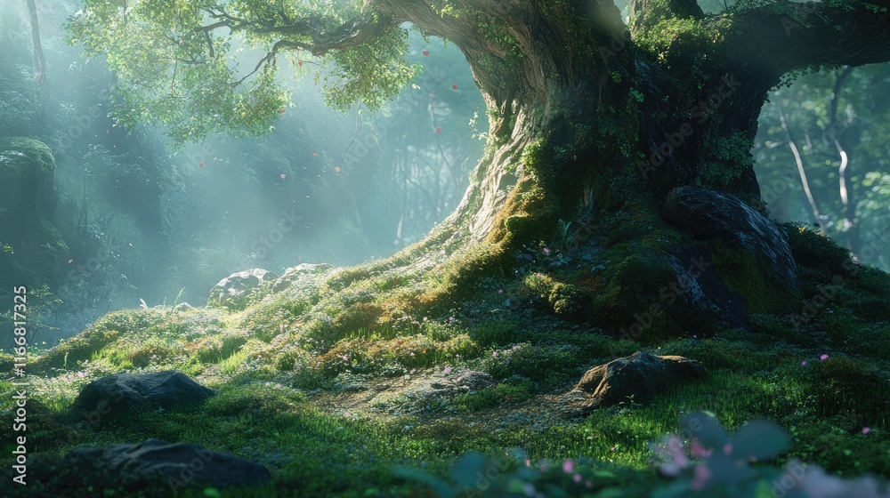 Aufkleber Moss Covered Tree Trunk in Enchanted Forest with Soft Light and Mystical Atmosphere