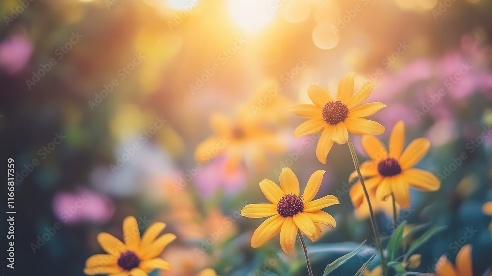 Poster beautiful yellow rudbeckia flowers in a garden setting with soft blurred background and warm sunligh
