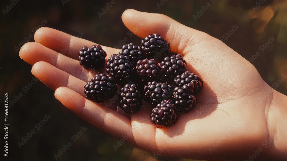 Poster hand holding a cluster of fresh ripe blackberries against a natural background showcasing the vibran