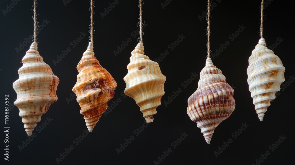 Poster hanging decorative seashells displayed against a dark background showcasing natural textures and col