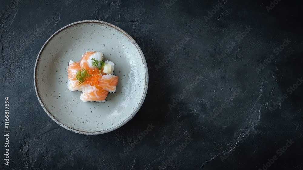 Poster inari sushi dish elegantly presented on a textured plate with ample copy space for branding or menu 