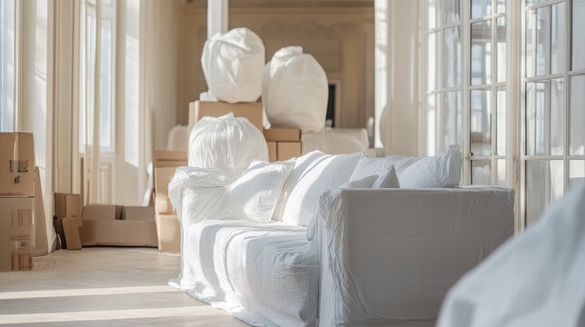Home furniture securely wrapped for relocation with moving boxes organized in a bright and spacious interior setting