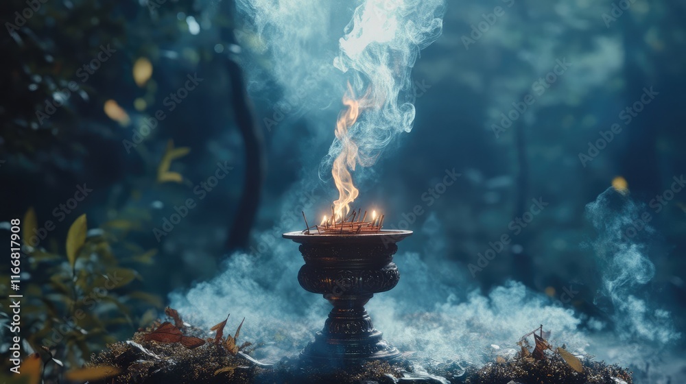 Poster Fragrant incense releasing aromatic smoke in a serene forest setting with soft light and ethereal atmosphere.
