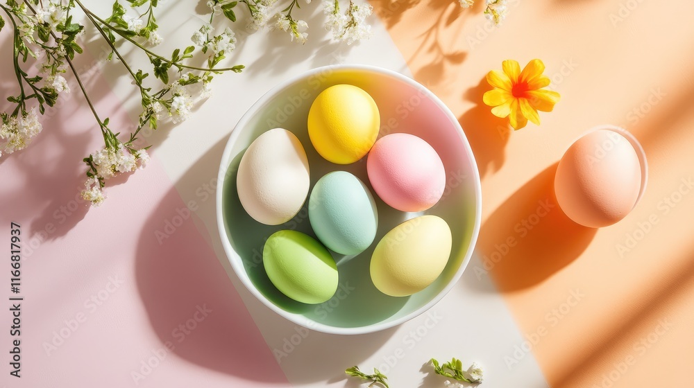 Aufkleber colorful easter eggs arranged in a minimalist setting with spring flowers and shadows showcasing a f
