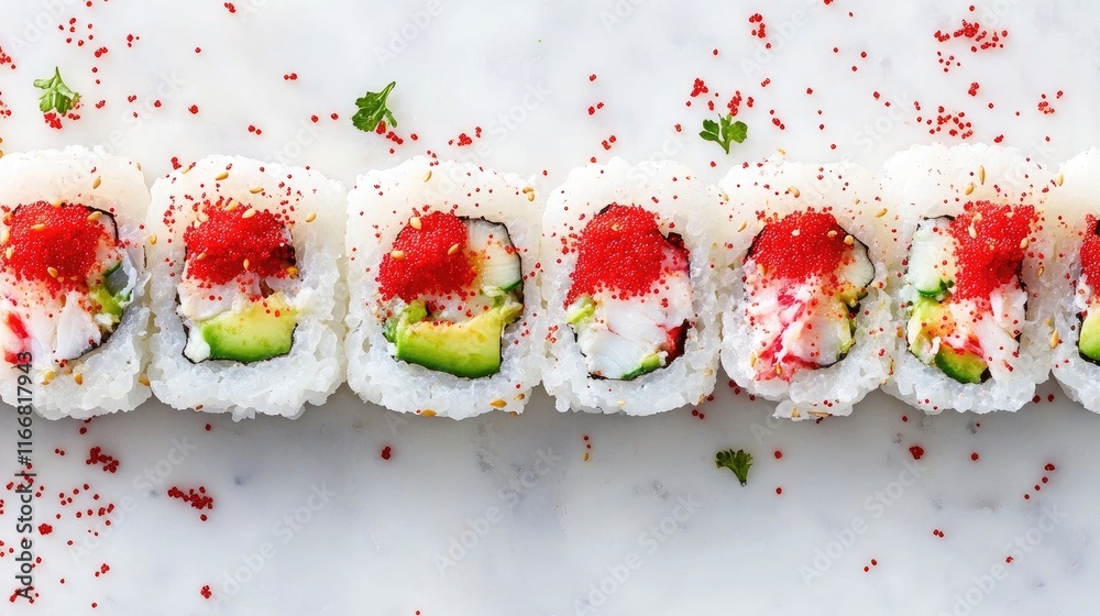 Poster california rolls arranged neatly on a white surface topped with red tobiko filled with crab meat avo