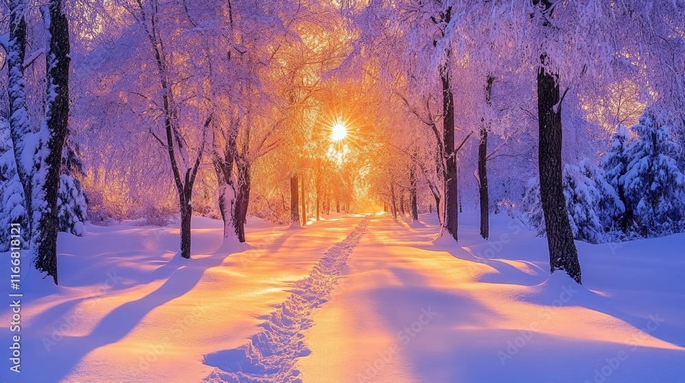 Poster snow-covered forest path illuminated by warm sunlight during winter, creating a serene and magical a