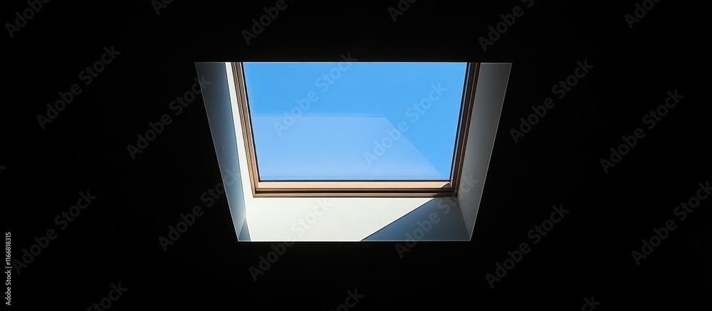 Poster skylight window framed in darkness showcasing a clear blue sky perfect for architectural design and 