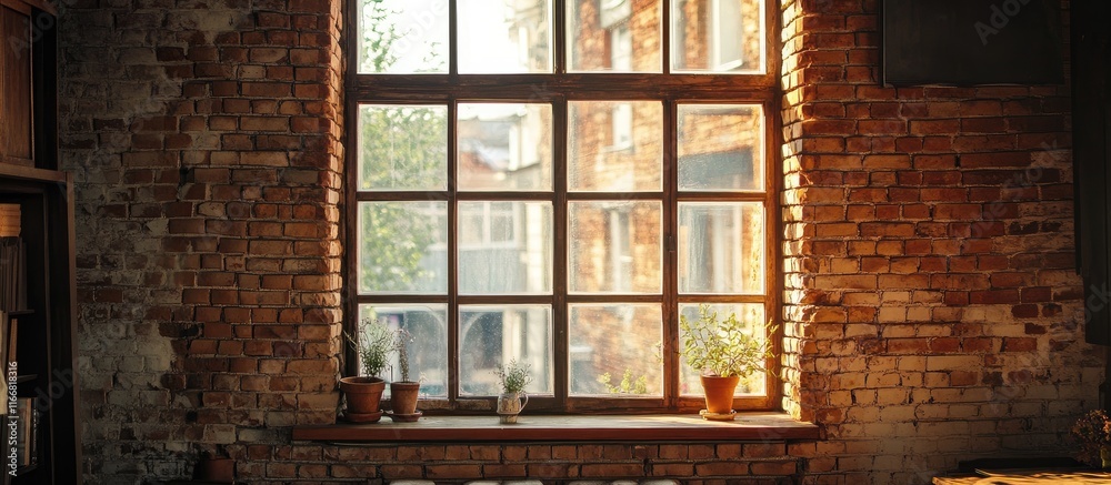 Poster cozy interior illuminated by natural light through a rustic brick-framed window enhancing the warmth
