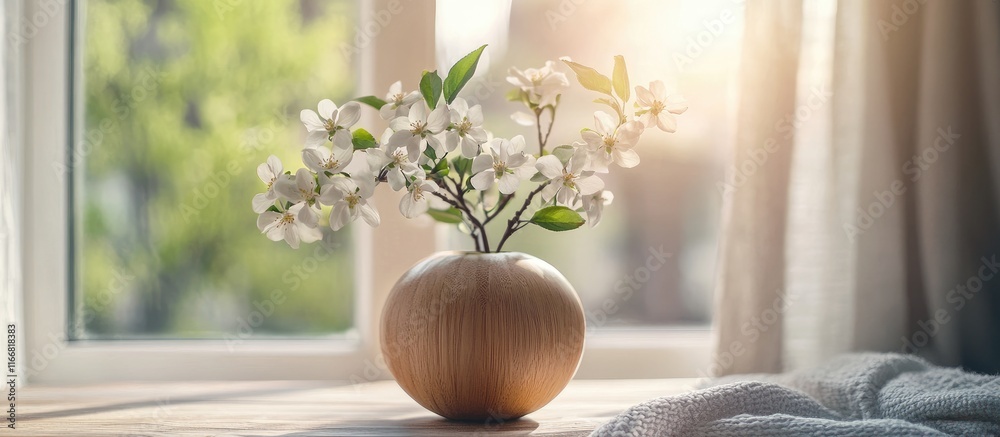 Poster Apple tree sprig with white flowers in a wooden vase creating a cozy atmosphere by the window with soft sunlight illuminating the scene