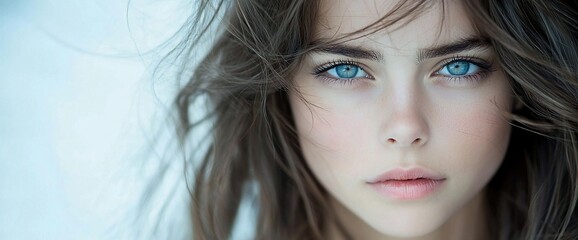 Close-up portrait of a young woman with blue eyes and brown hair.