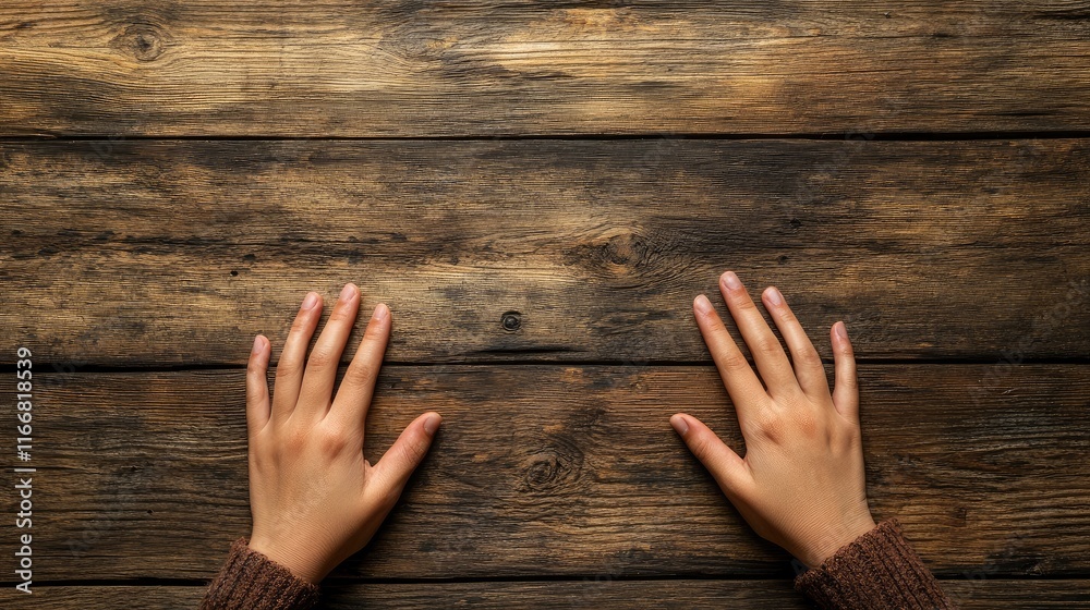 Aufkleber Hands resting on a rustic wooden surface creating a warm and inviting atmosphere for lifestyle and wellness themes