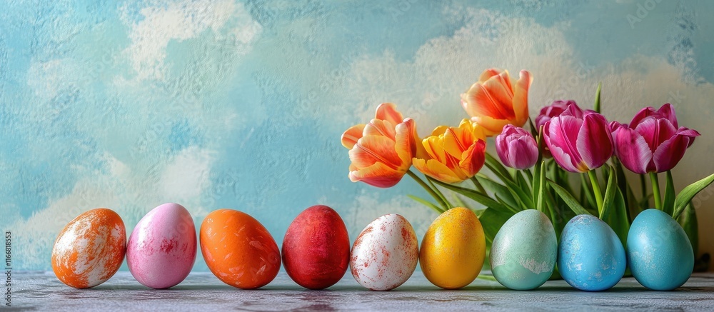 Poster hand painted easter eggs arranged with vibrant tulips against a colorful wall creating a festive spr