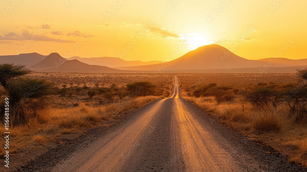 Poster sunrise over african landscape with railway tracks and distant mountains in a golden light creating 