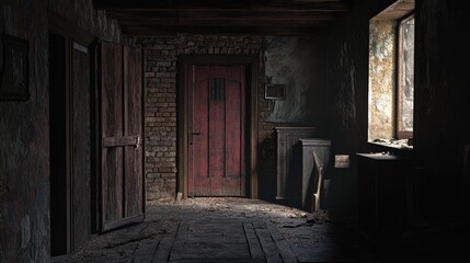 Abandoned estate interior featuring high doors and rustic details in a decaying old house with dramatic lighting and historical elements.
