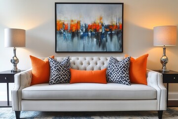 Cozy modern living room with stylish sofa and decor.