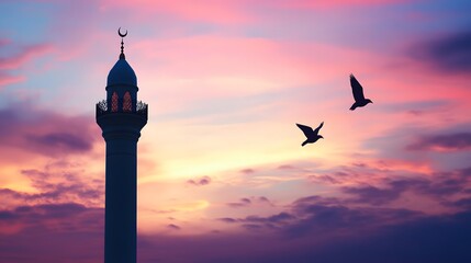 Obraz premium Majestic Mosque Minaret Silhouette Against Vibrant Sunset Sky with Flying Birds, Spiritual Landmark Under Colorful Cloudscape