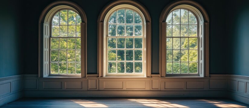 Interior view of vintage colonial windows highlighting architectural elegance and natural light in a historic hall setting
