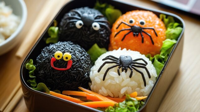 Naklejki Halloween themed bento lunch featuring decorative rice balls styled as spiders in a festive presentation with vibrant colors and fresh vegetables