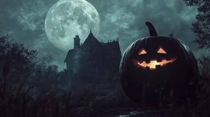 Naklejka premium Halloween Pumpkin Illuminated Against Full Moon and Spooky Haunted House in Atmospheric Night Setting