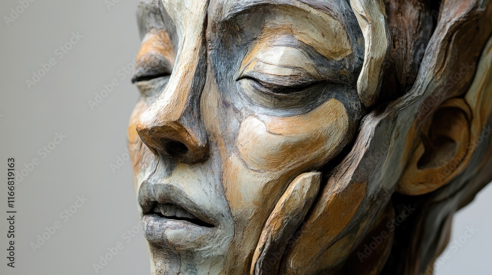 Poster intricate close-up of a serene abstract sculpture showcasing detailed textures and expressive featur