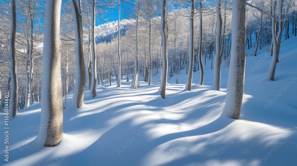 Poster serene winter landscape of snow-covered brunico woods with sunlit trees and gentle shadows creating 