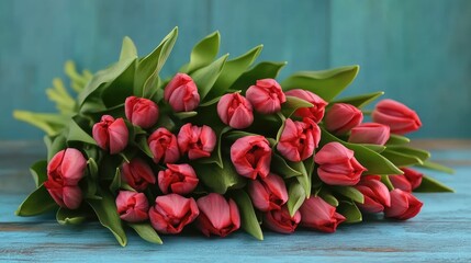 Spring tulip bouquet on rustic blue wooden background ideal for celebrations and greeting cards conveying love and special occasions