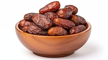 close-up of rustic wooden bowl filled with plump dates