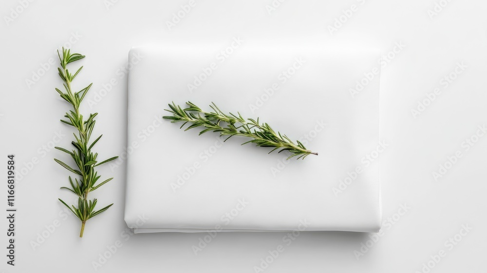 Poster scandinavian style white sheet mockup adorned with fresh rosemary for elegant product presentation a