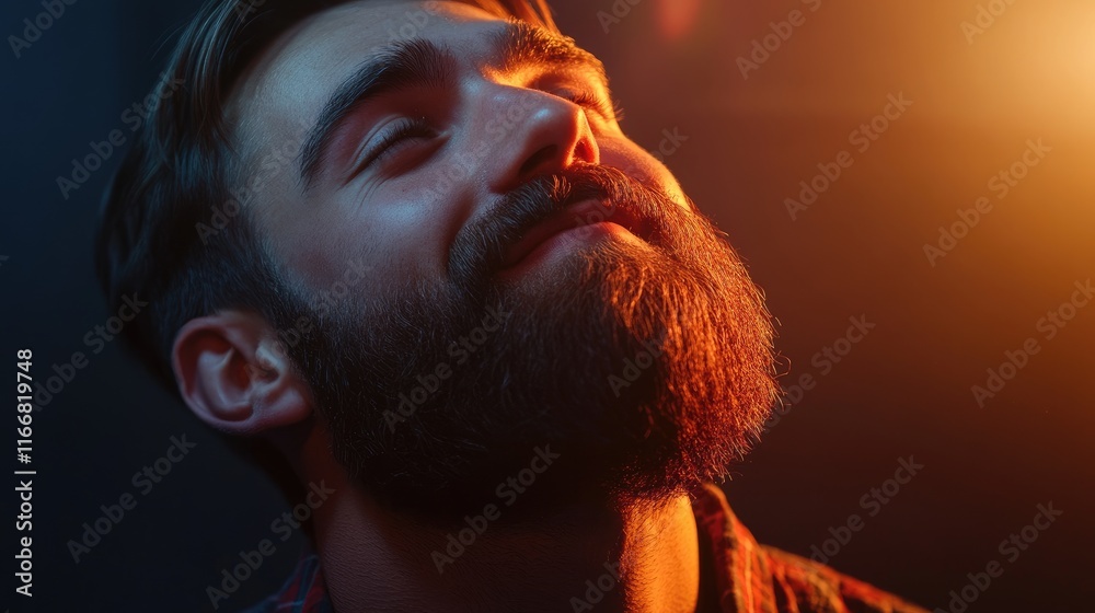 Poster Bearded man enjoying a moment of tranquility while gazing upward with a serene expression in a warm illuminated setting