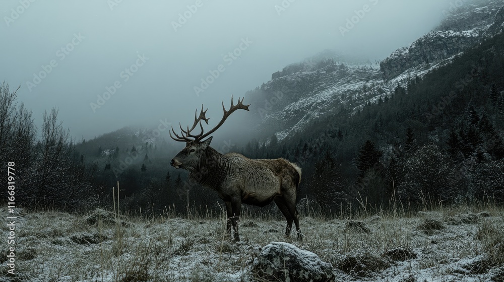 Poster majestic deer standing in a misty wild landscape surrounded by mountains and trees in a serene and r