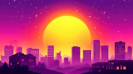 Fototapeta premium Vibrant City Skyline at Sunset with Haze