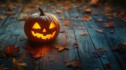Glowing Halloween Pumpkin Jack o Lantern Surrounded by Autumn Leaves on Rustic Wooden Surface