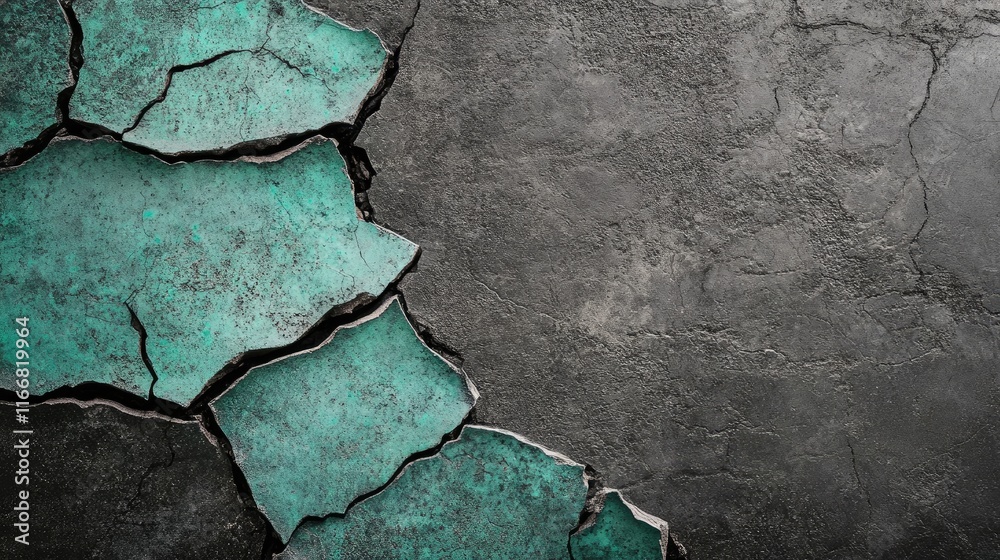 Poster Torn asphalt texture with teal and gray cracks featuring metallic ash veneer ideal for design backgrounds and abstract art projects