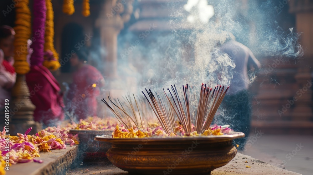Poster Serene atmosphere with incense sticks and colorful flower petals in a spiritual setting creating a calming ambiance of devotion and tranquility