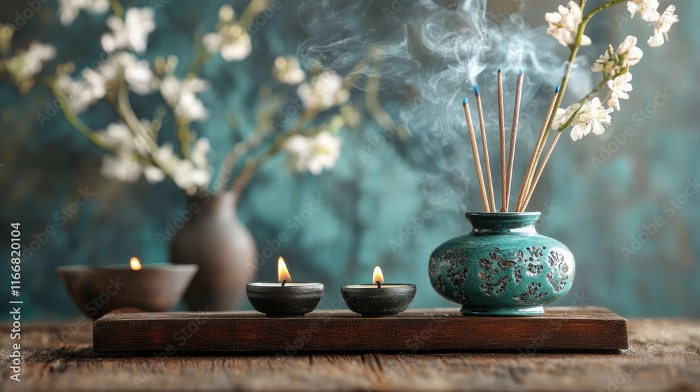 Poster calming incense smoke with decorative candles and floral arrangement on rustic wooden table creating