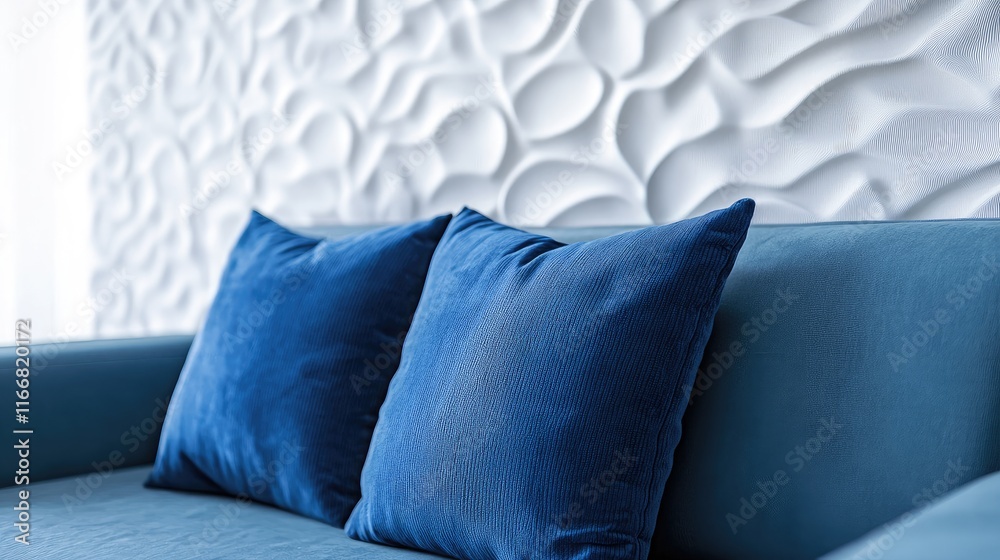 Poster elegant interior design featuring textured abstract wallpaper and plush blue cushions on a contempor